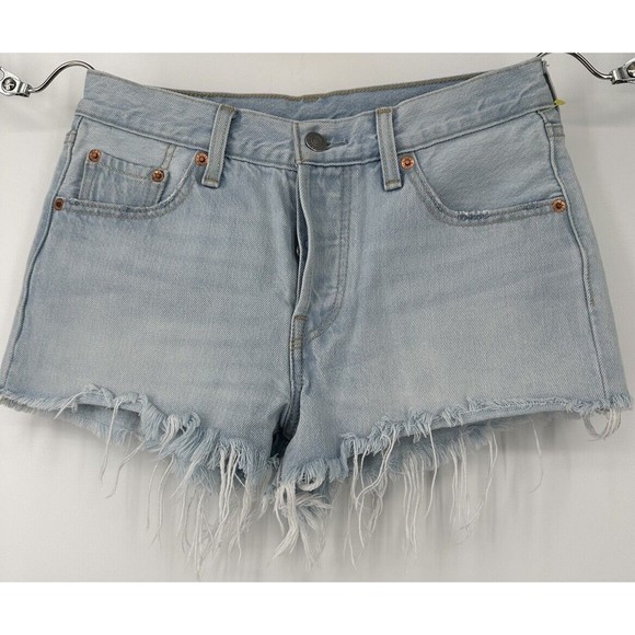 Women’s Levi’s 501 Button Fly Distressed Frayed Cut Off Denim Jean Shorts Sz 25 - Picture 3 of 15